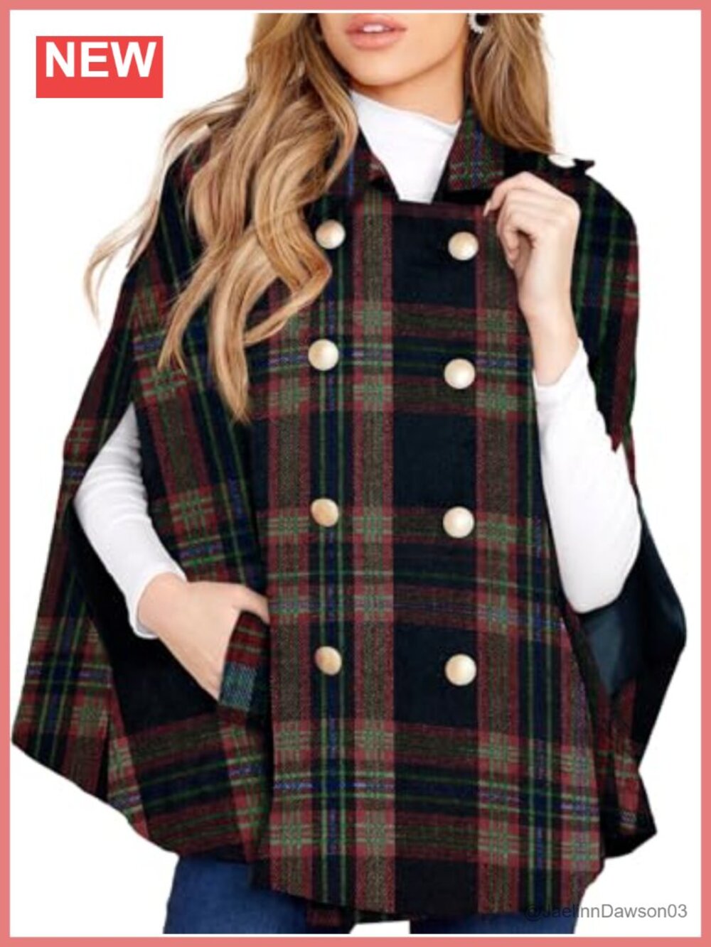 Womens Plaid Double Breasted Poncho Cape Coat with Pockets
